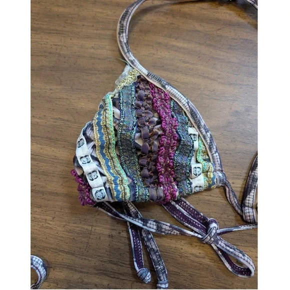 Agua Bendita Bikini Set Small Purple Feather Ribbon Embroidered Brazil Scrunch - Picture 5 of 15